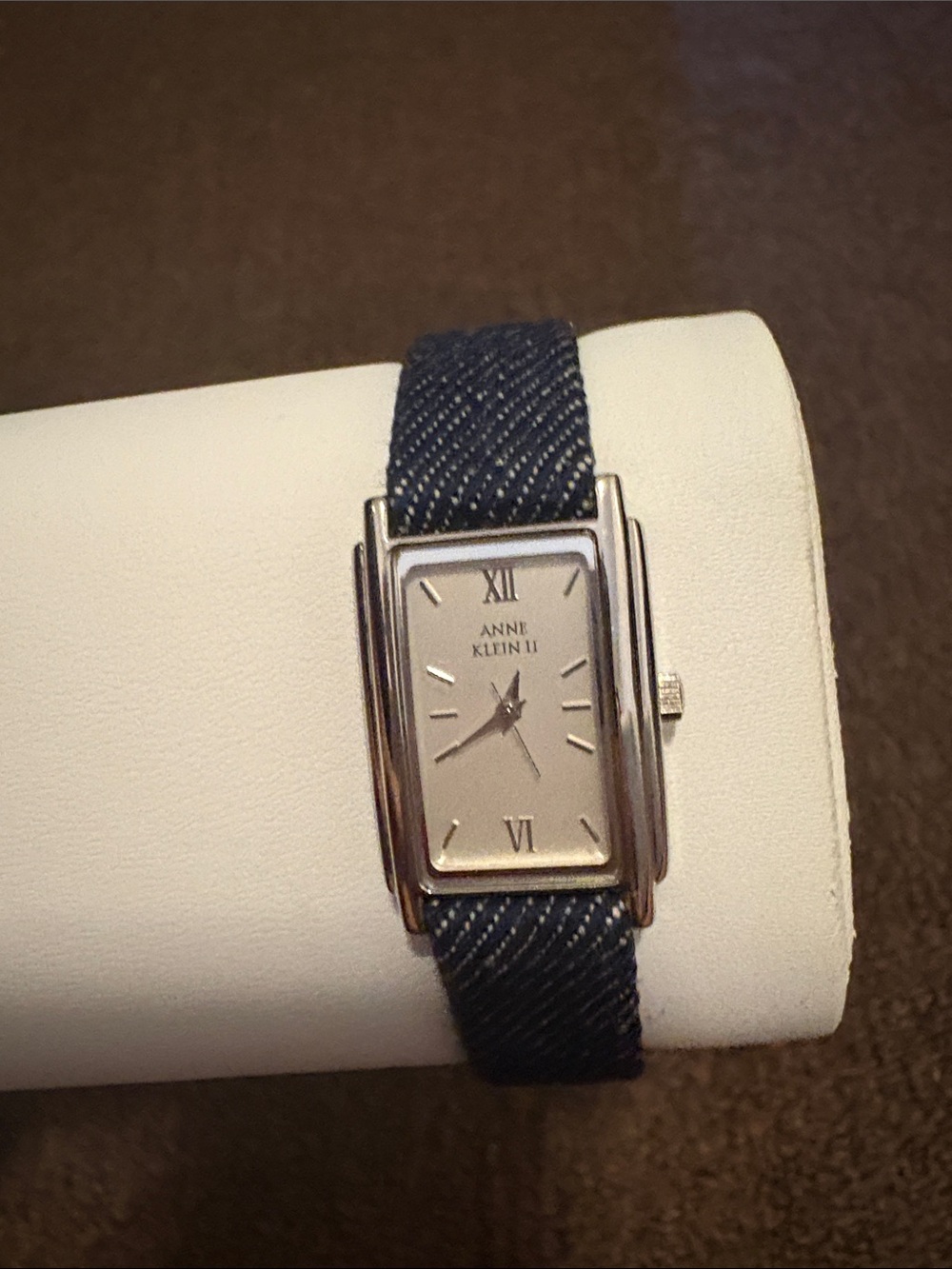 Anne Klein II Rectangular Silver Watch with Denim Strap